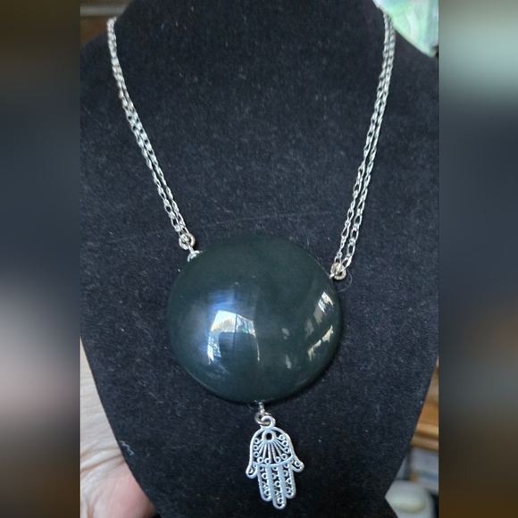 Black porcelain Pendant with Sterling Chain natural pearls obsidian & quartz 18" - Picture 2 of 7